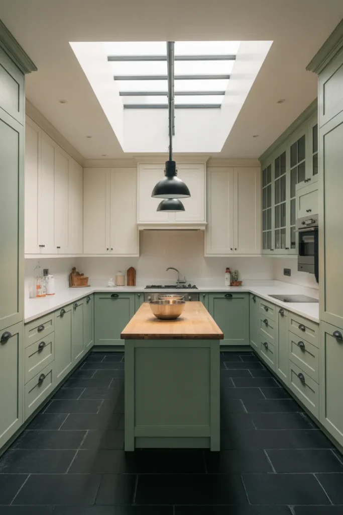 a U‑shaped kitchen with soft sage green lower cabinets