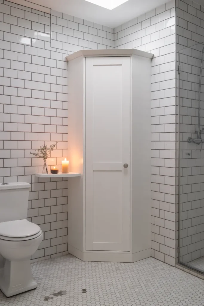a bathroom corner with a white floor-standing corner cabinet