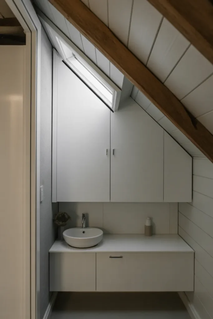 a bathroom in an attic space with a dramatically sloped ceiling
