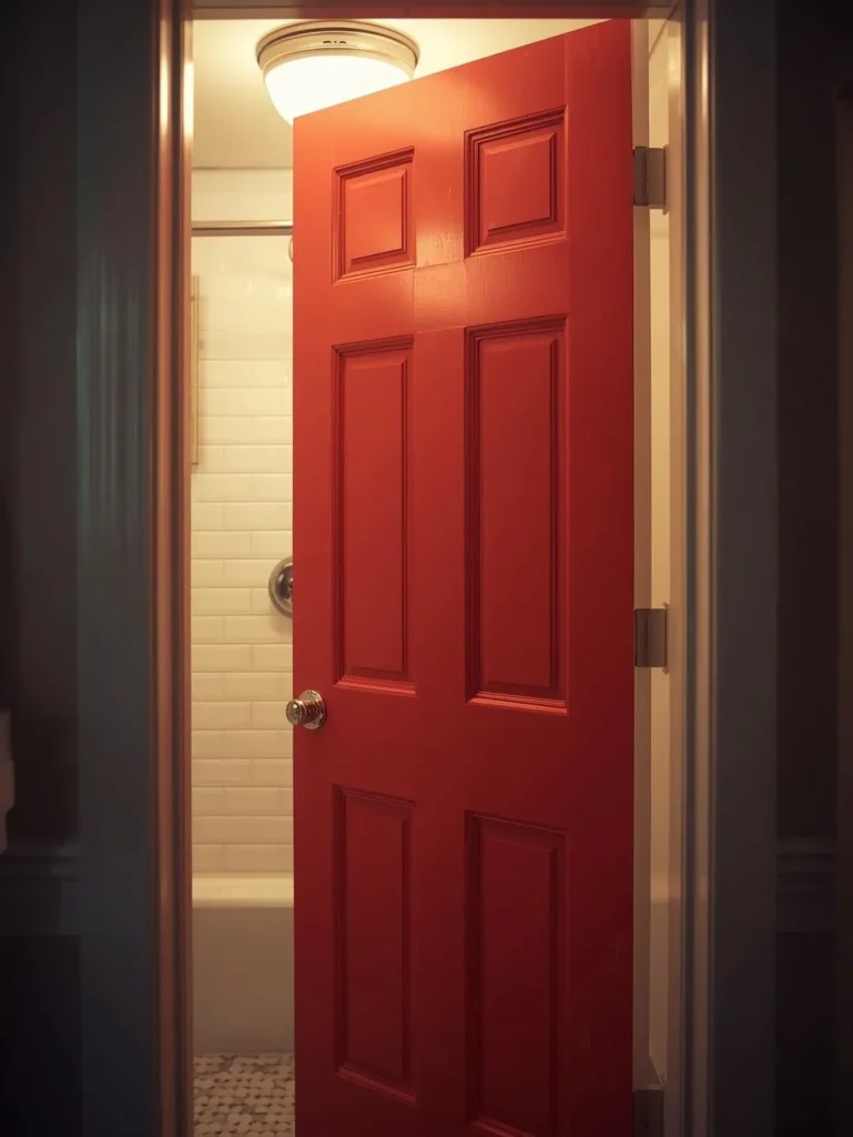 a bathroom interior showing a boldly painted deep coral interior