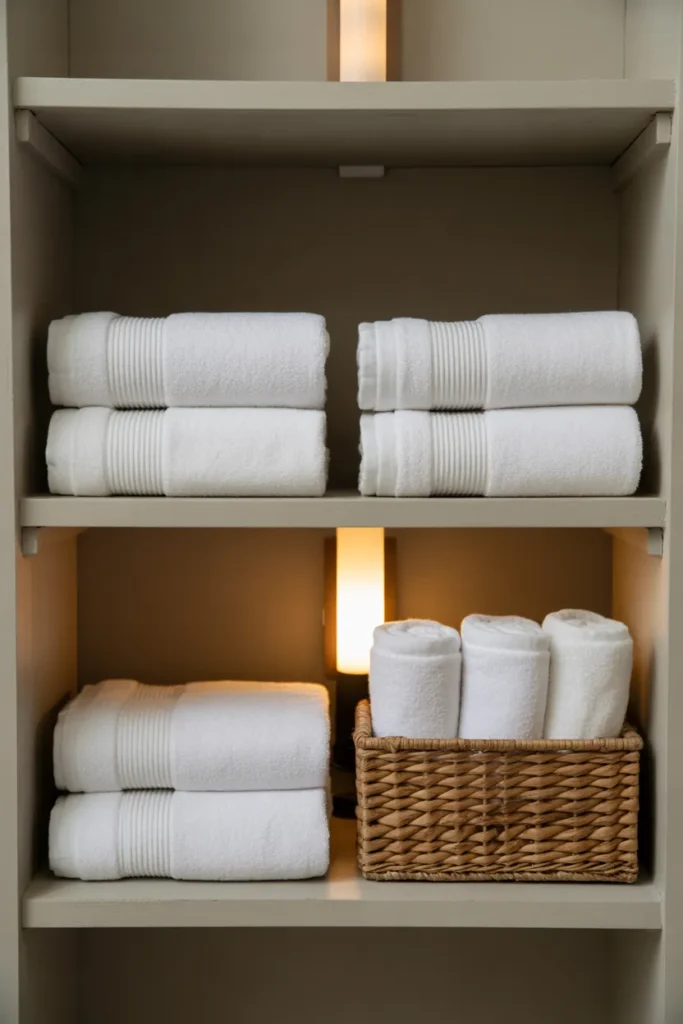 a bathroom open linen shelf showing six white bath towels folded in perfect spa-style