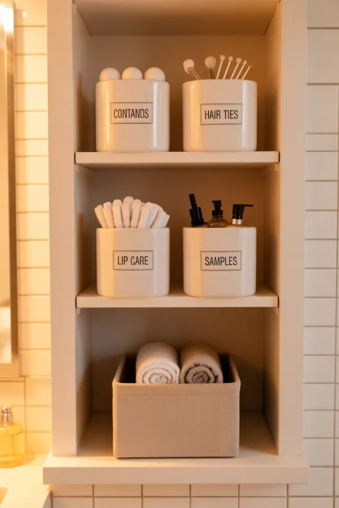a bathroom open shelving unit mounted on a white wall