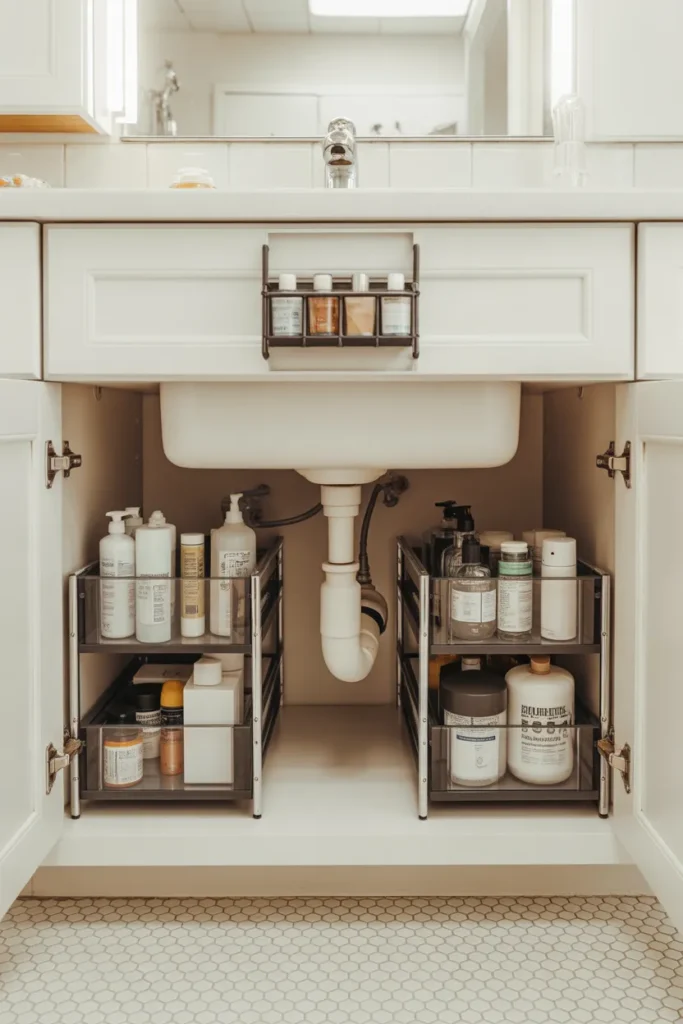 a bathroom under-sink cabinet with both doors open