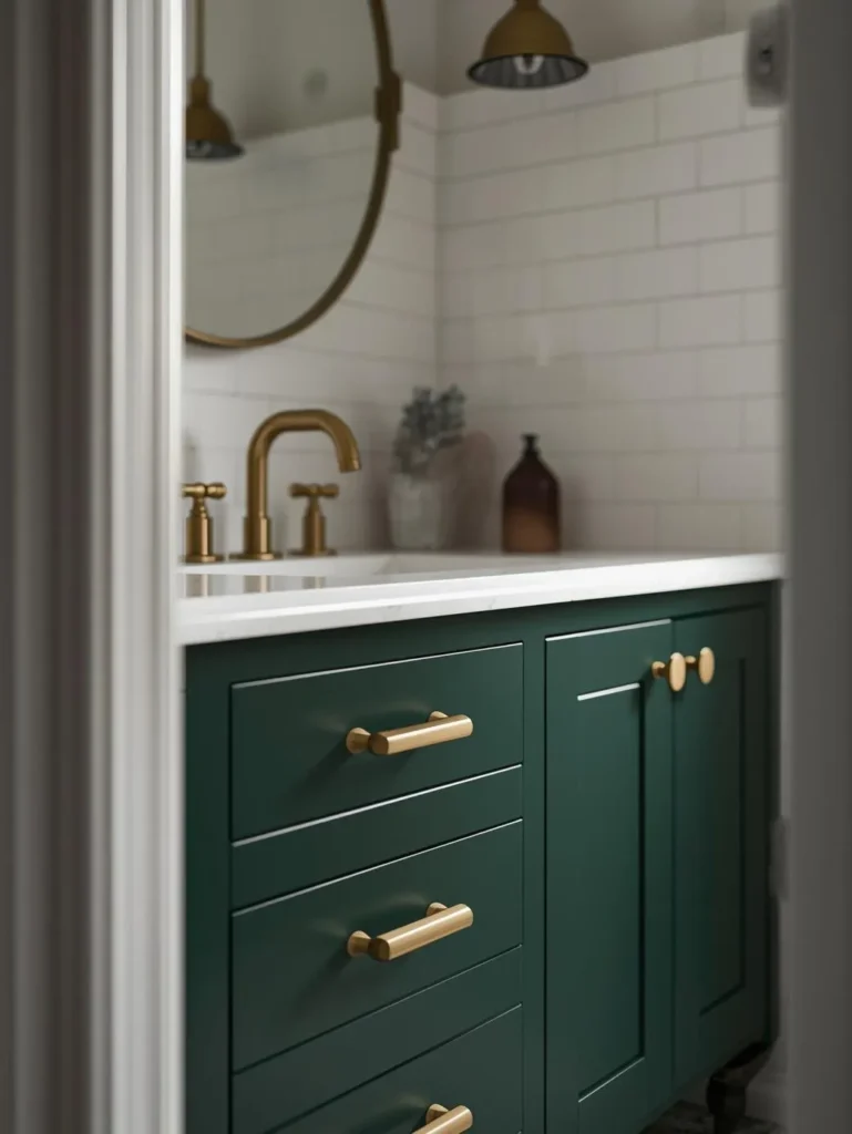 a bathroom vanity painted in deep forest green with brushed brass hardware