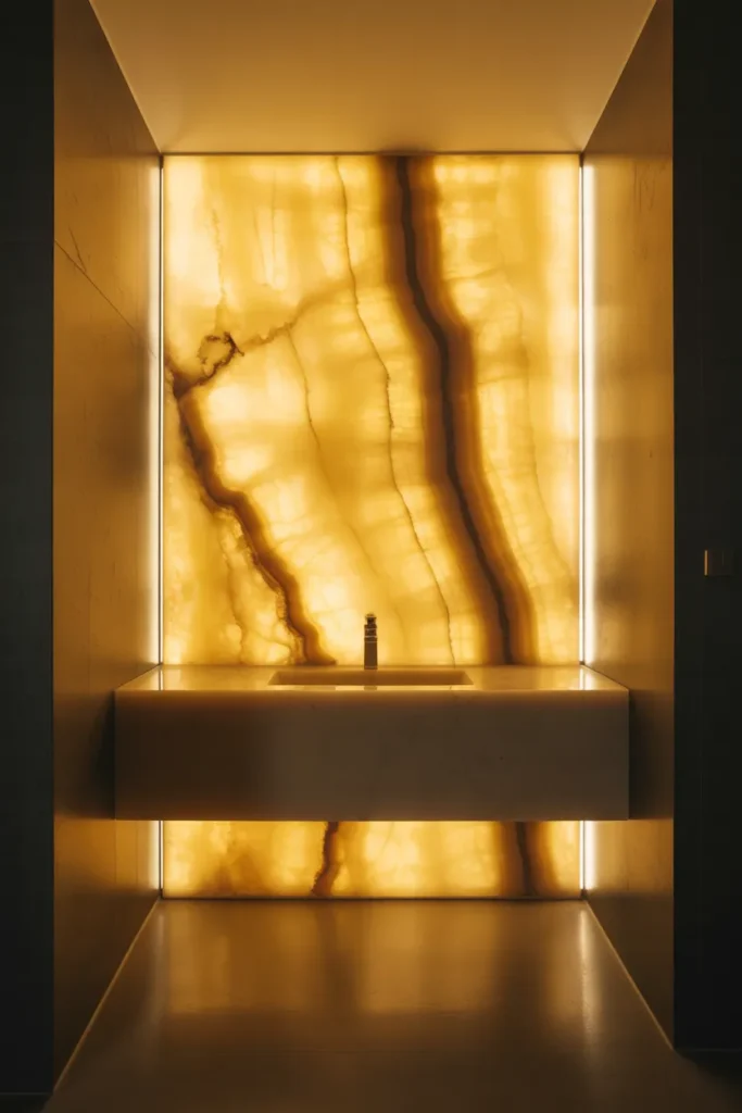 a bathroom with a backlit onyx slab