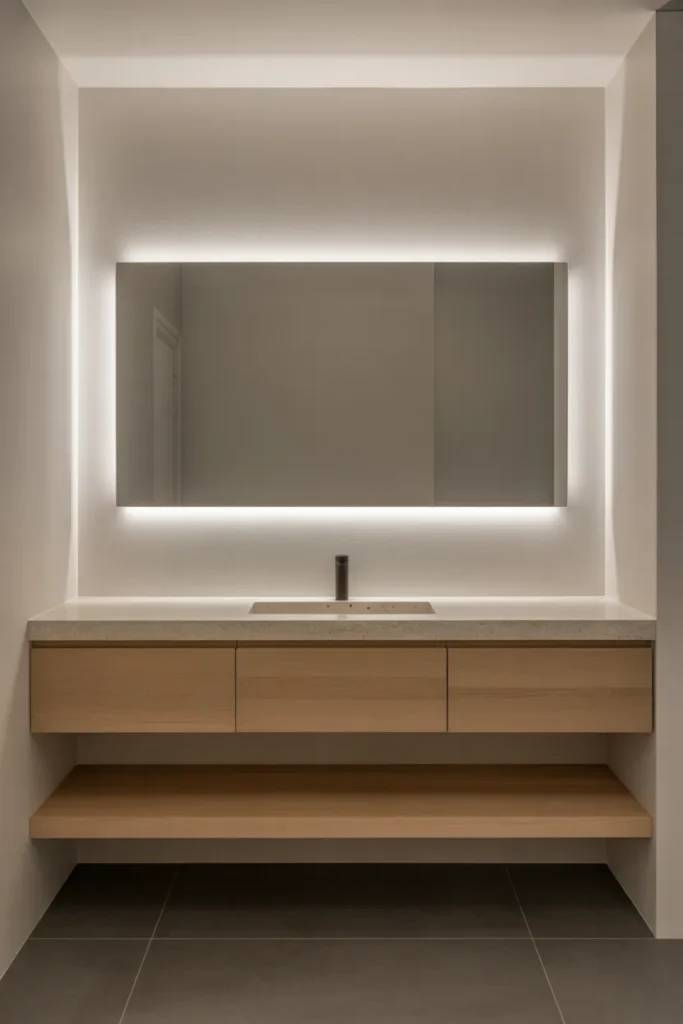 a bathroom with a floating vanity wall