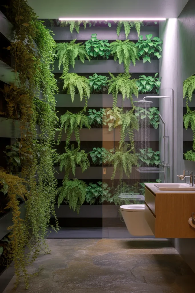 a bathroom with a full green wall