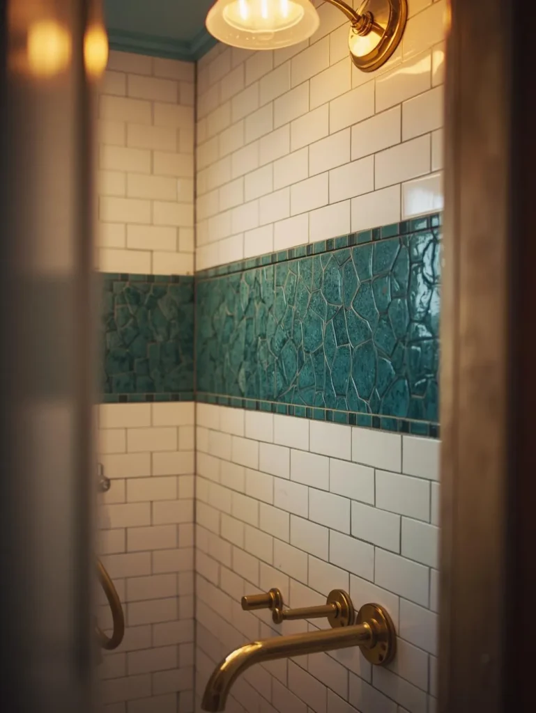 a bathroom with a horizontal band of deep teal zellige tile