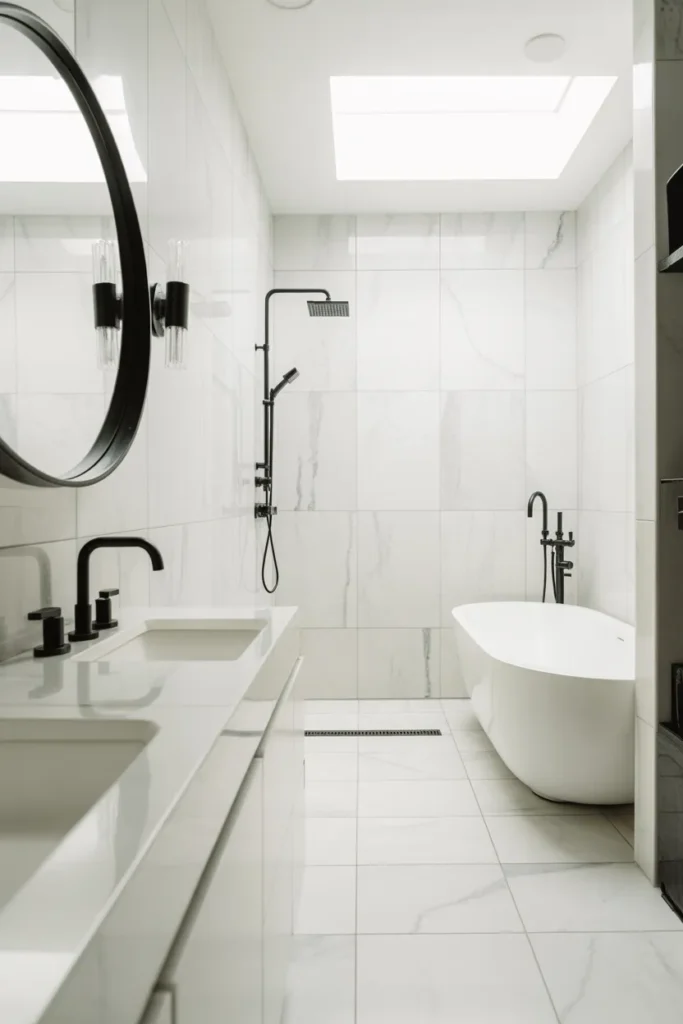 a bathroom with white marble tile walls and floor