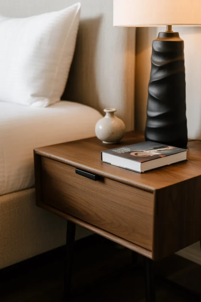 a beautifully styled bedside setup in an American bedroom