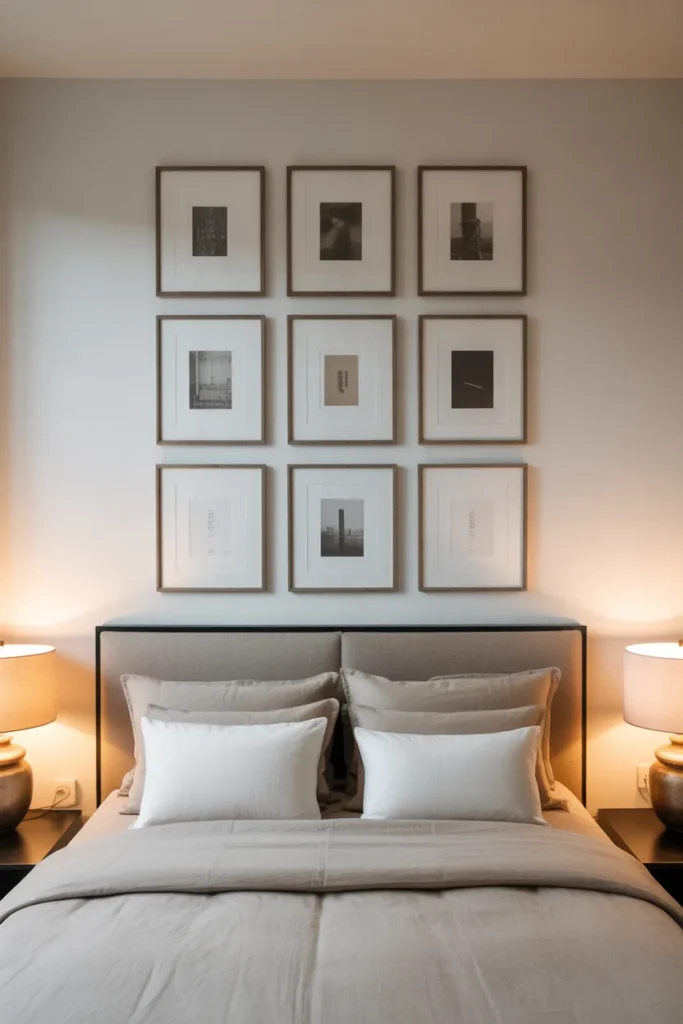 a bedroom gallery wall above a low linen-upholstered queen bed