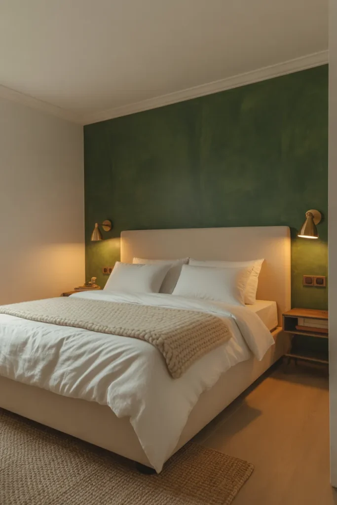 a bedroom with a deep forest green Venetian plaster accent