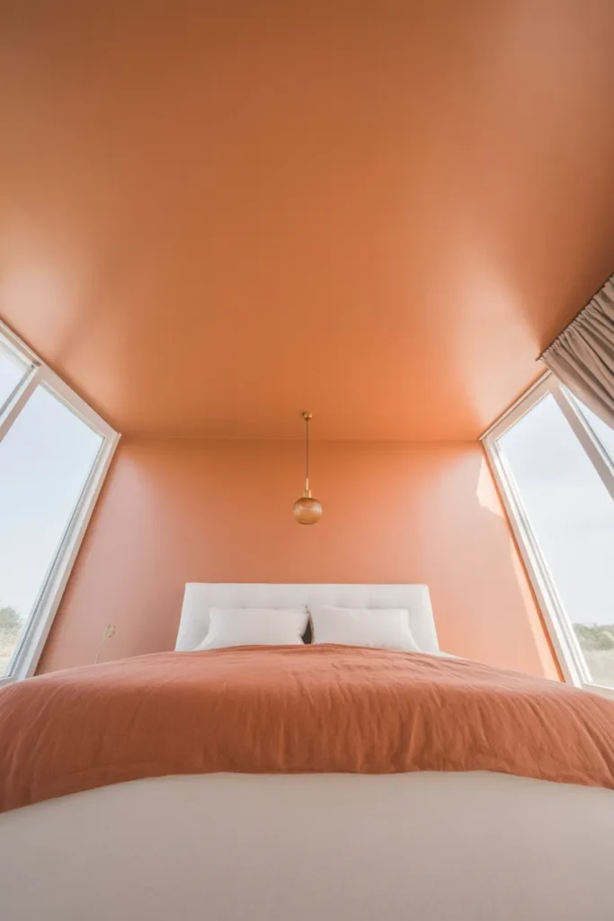 a bedroom with a soft terracotta-painted ceiling