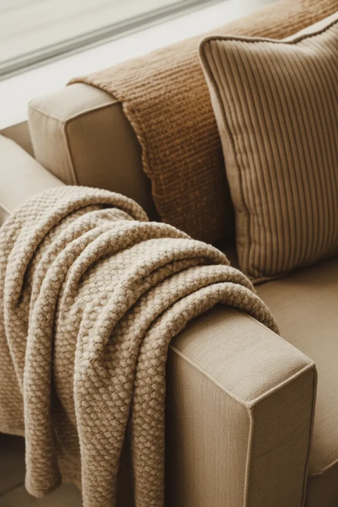 a boucle throw draped over the arm of a linen sofa