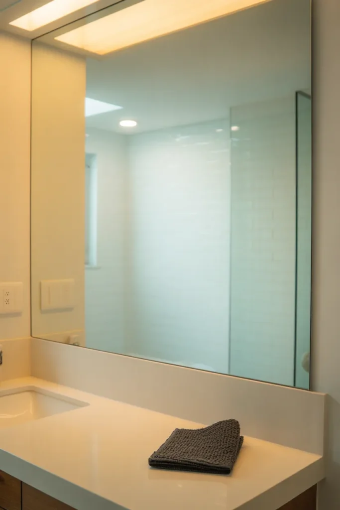 a bright bathroom featuring a large frameless rectangular mirror above a floating white vanity