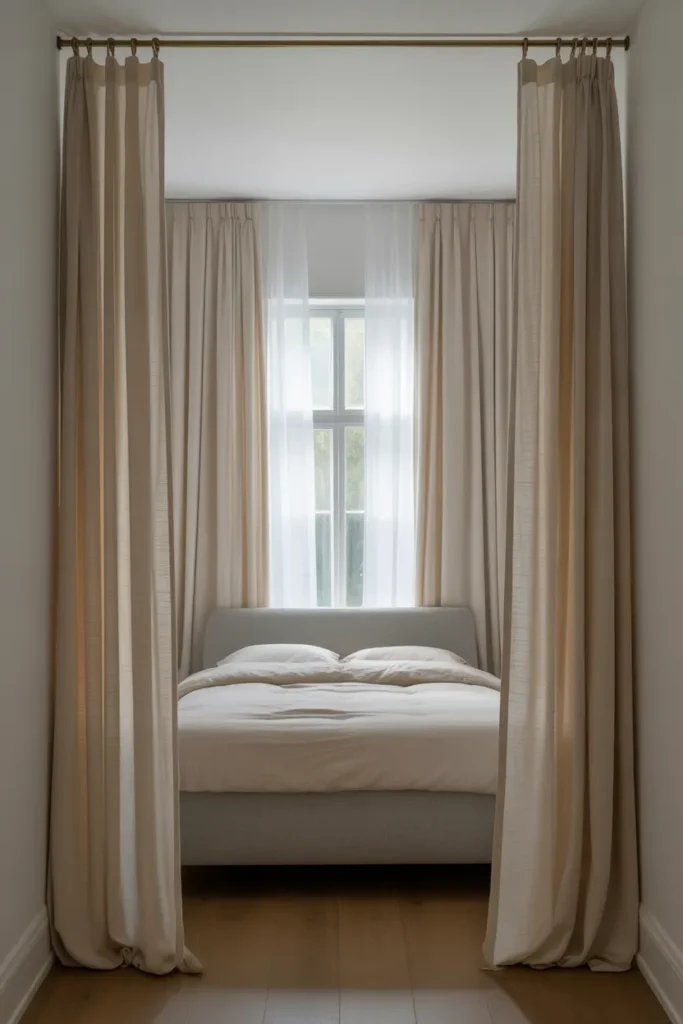 a bright bedroom with floor-to-ceiling ivory linen curtains