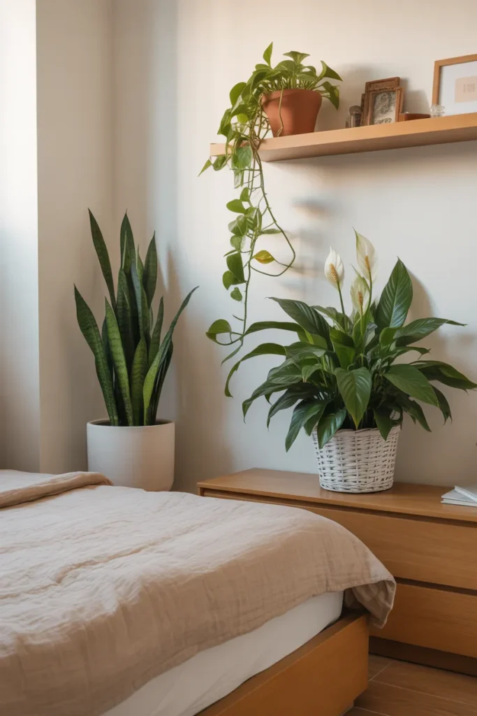 a bright bedroom with three plants at different heights