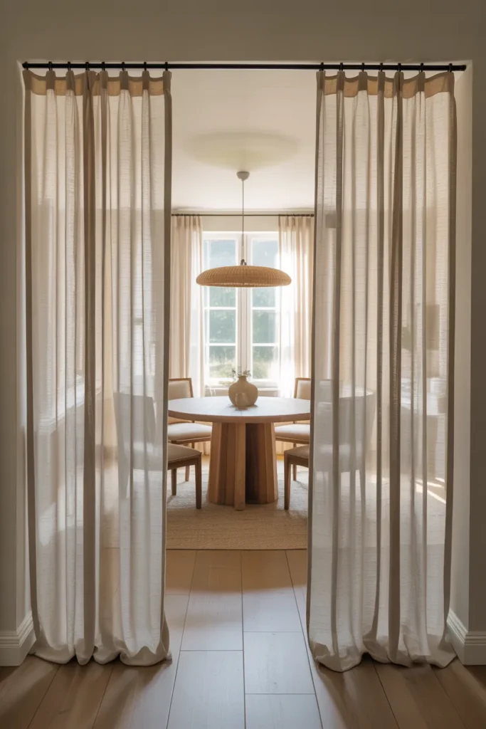 a bright dining room with floor-to-ceiling ivory linen drapery panels