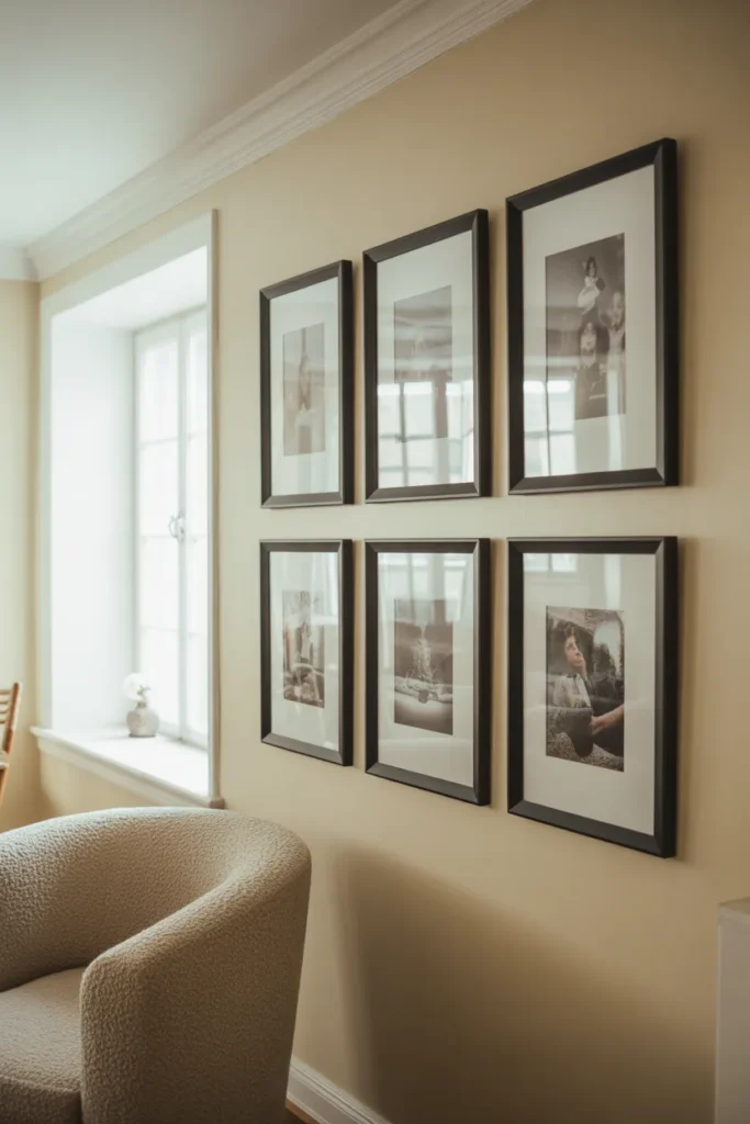 a bright living room with a 3x4 symmetrical gallery wall