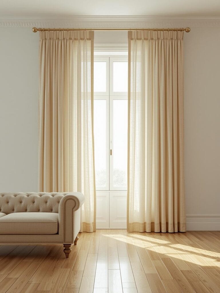 a bright living room with floor-to-ceiling natural linen curtains