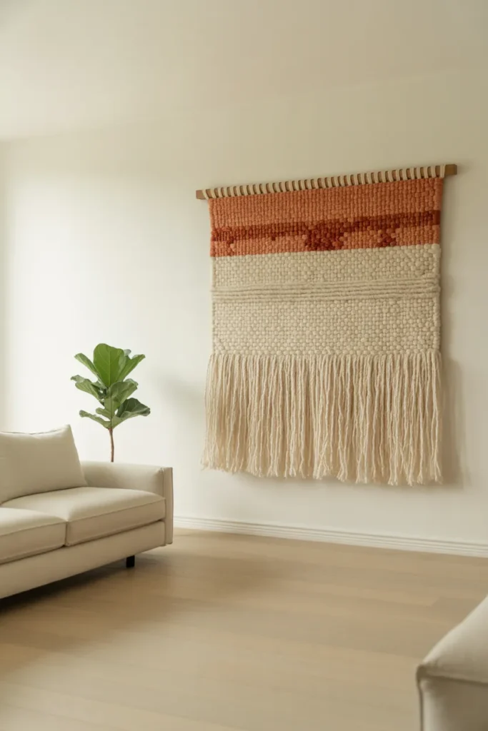 a bright minimal living room with a large handwoven