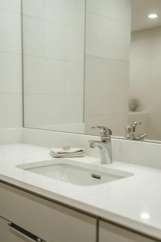 a bright minimalist bathroom vanity with a white undermount ceramic sink