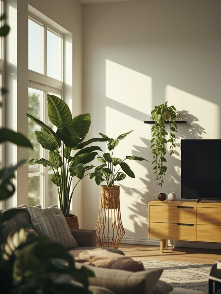 a bright modern living room with plants at three height levels