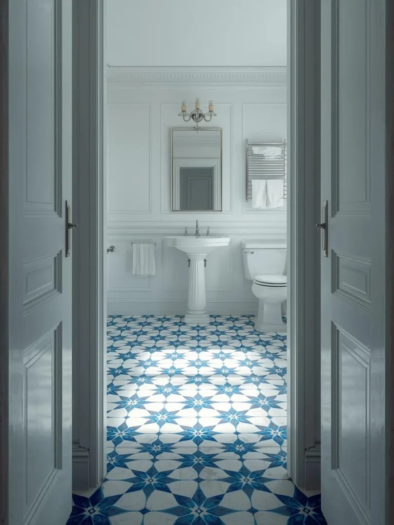 a bright white bathroom with a vibrant encaustic cement floor tile