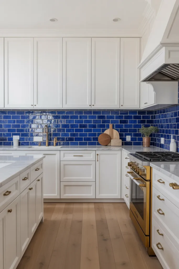 a bright white kitchen with a full-height cobalt blue handmade zellige tile backsplash