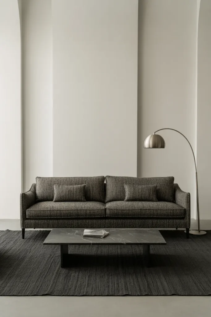 a charcoal tweed tuxedo sofa — arms and back at identical height