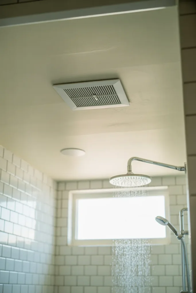 a clean modern bathroom ceiling showing a recessed white exhaust fan