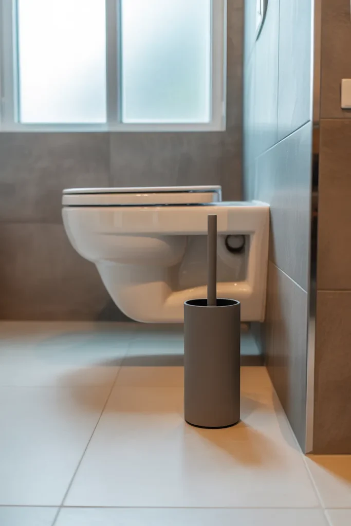 a clean modern bathroom corner featuring a wall-hung toilet with a concealed cistern
