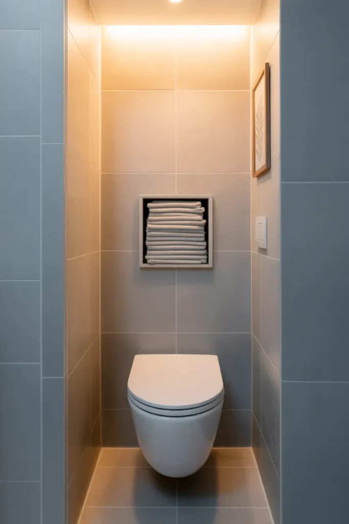 a clean modern bathroom toilet alcove with a wall-hung white toilet