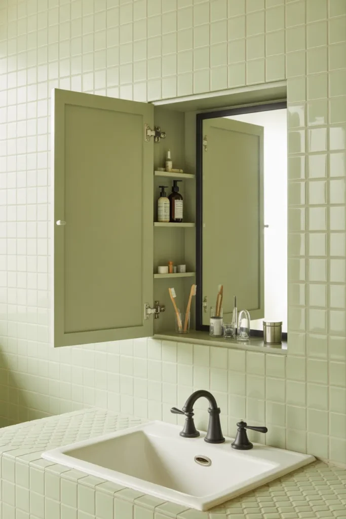 a clean modern bathroom with a recessed medicine cabinet