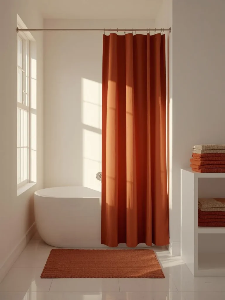 a clean white bathroom with a bold terracotta and rust-toned shower curtain