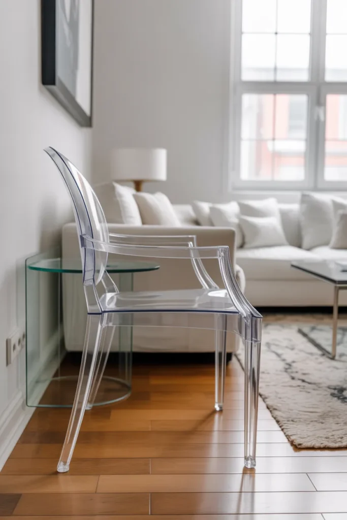 a clear acrylic ghost-style chair beside a white sofa