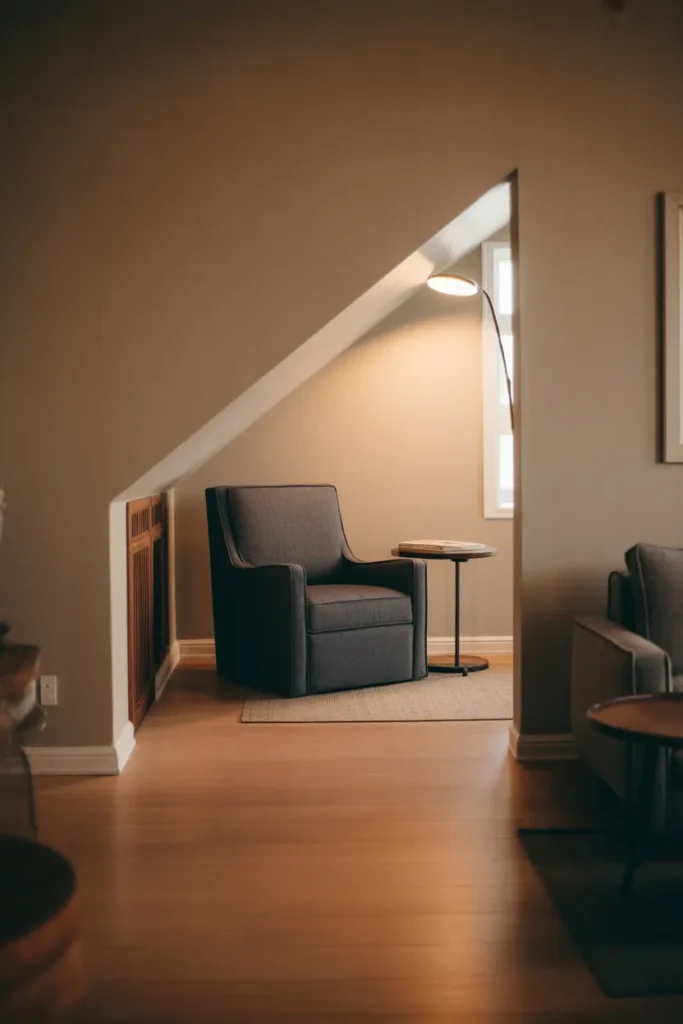 a compact accent chair in dark charcoal fabric