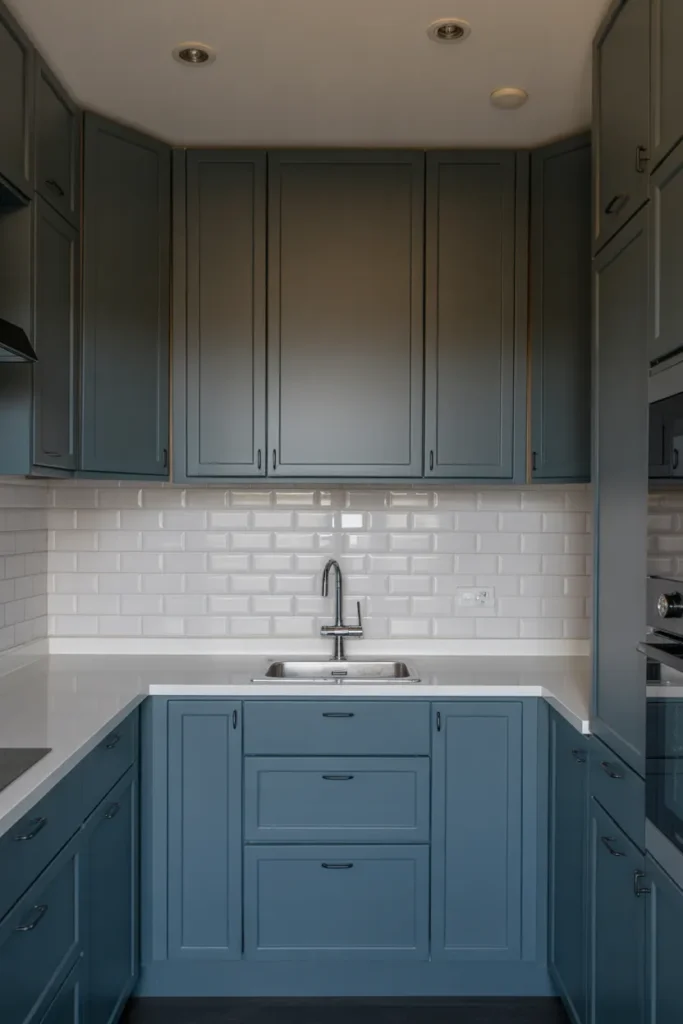 a compact galley kitchen with slate blue-gray full-height cabinets