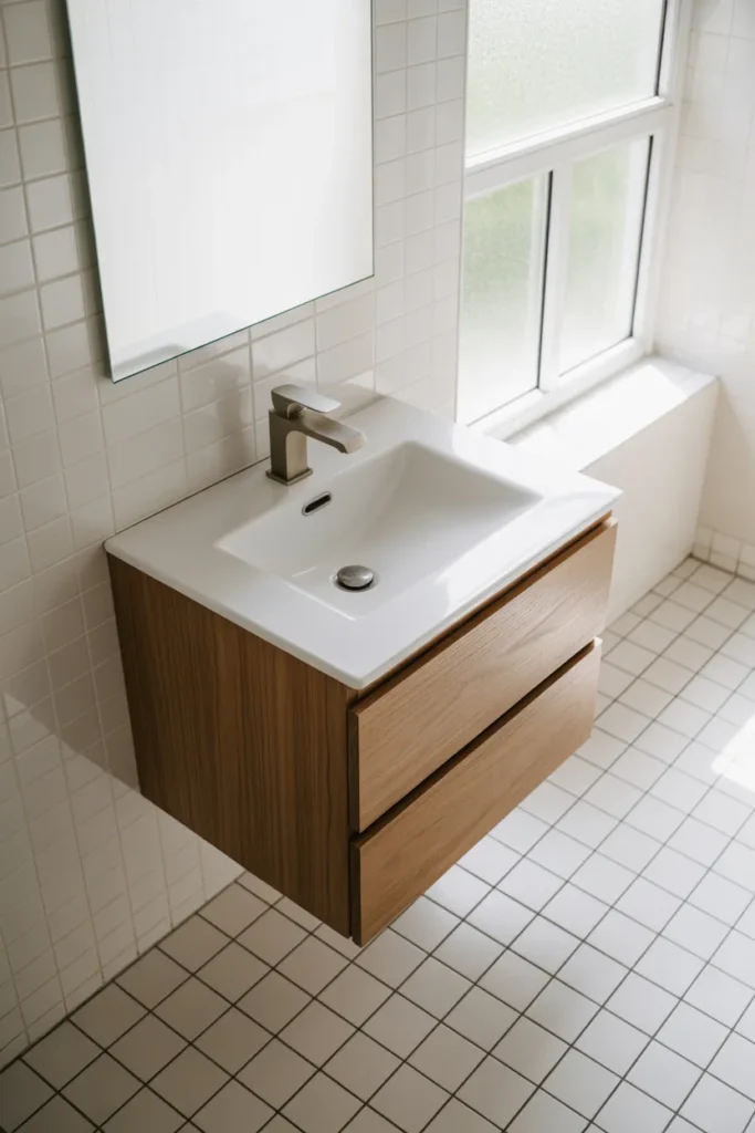 a compact modern bathroom with a wall-mounted floating white oak vanity