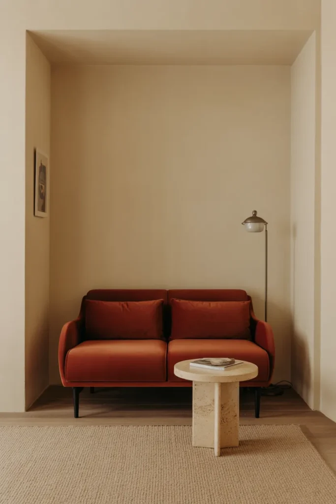 a compact two-seater rust velvet sofa