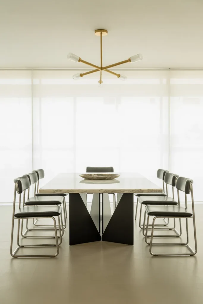 a contemporary dining room with a large mixed-material dining table