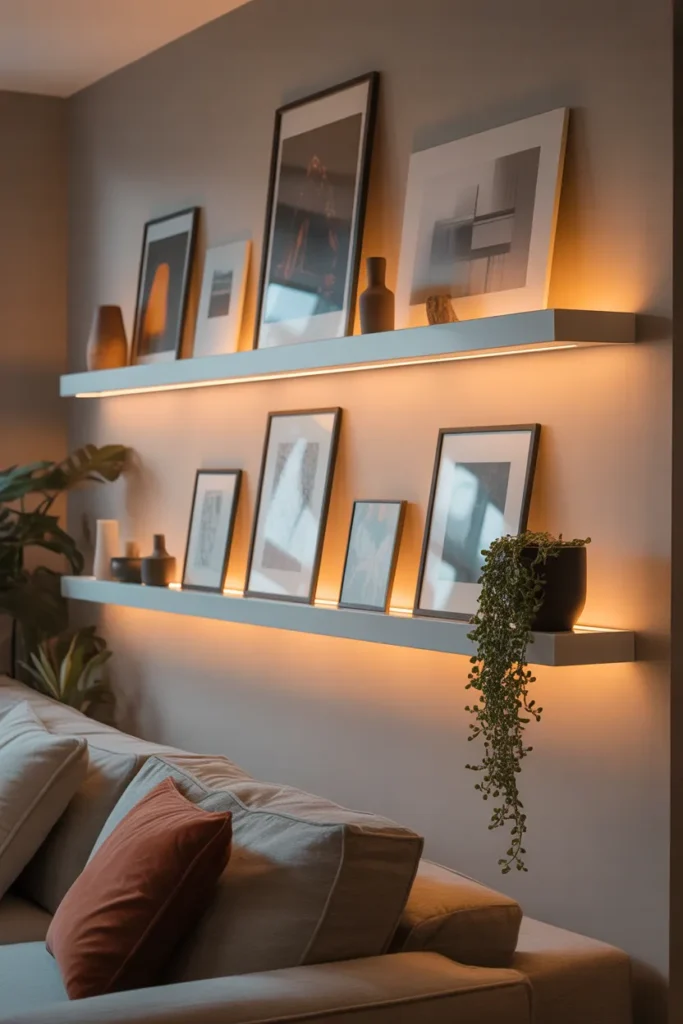 a contemporary living room with two horizontal white floating picture ledges mounted at different heights