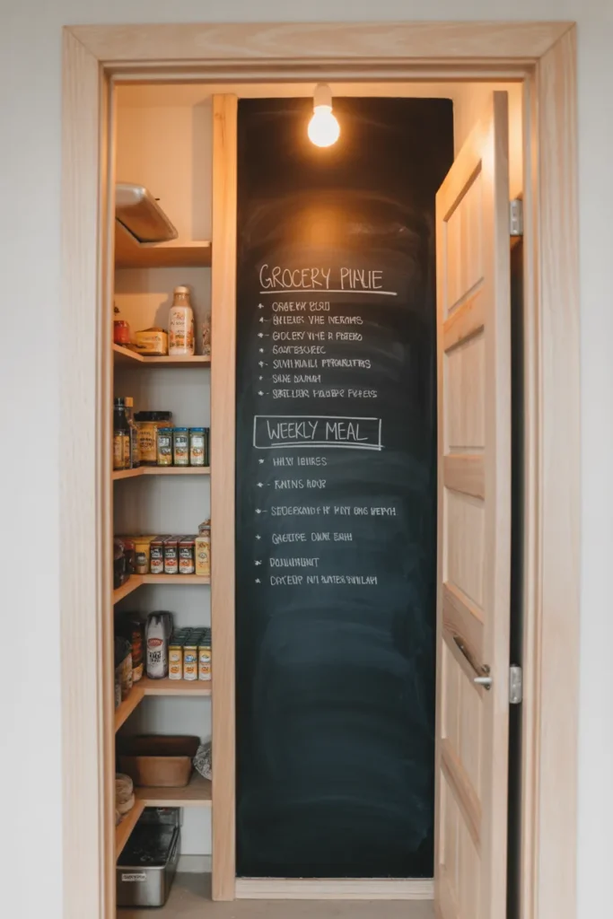 a corner pantry interior with one matte black chalkboard