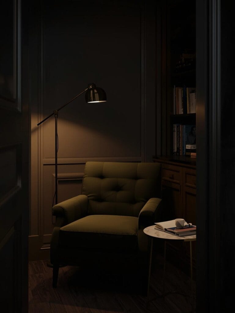 a cozy living room reading corner