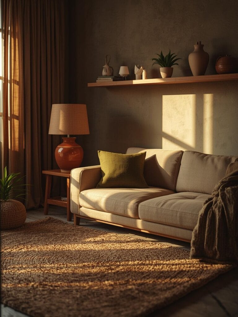 a cozy small living room with warm earthy palette