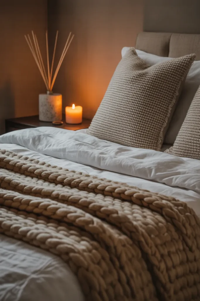 a cozy well-layered bedroom focused on texture detail