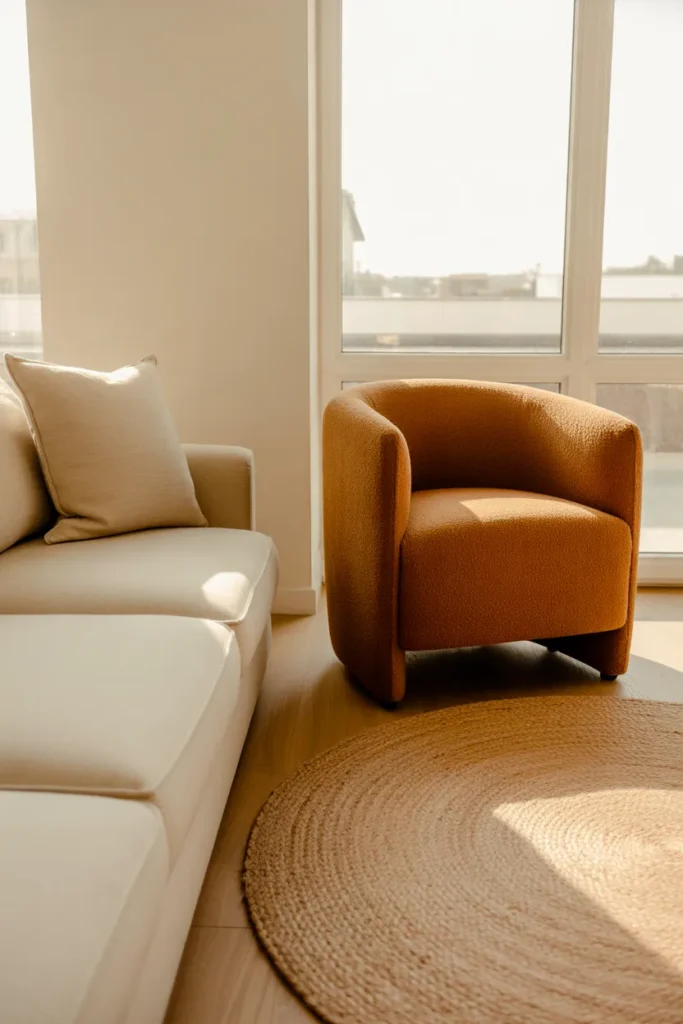 a cream linen sofa along one wall