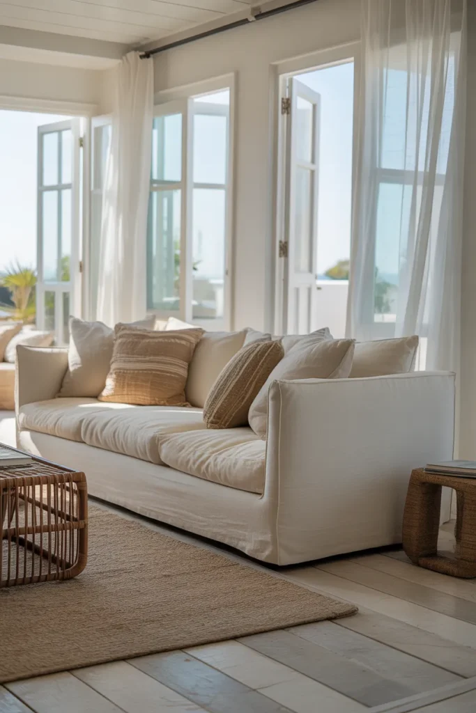 a cream linen straight-back sofa