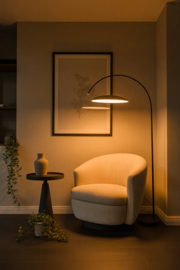 a curved armchair in warm ivory boucle