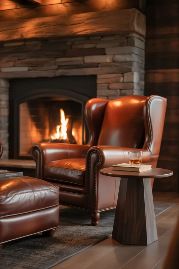 a deep cognac full-grain leather club chair beside a stone fireplace